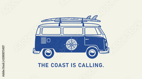 Vintage retro blue surf van with surfboards on roof and compass rose, distressed graphic illustration for t-shirt design and surf branding.