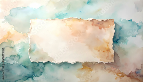 Torn paper frame top down view for copy space watercolor artistic illustration with soft diffused light on abstract teal and peach watercolor wash background.