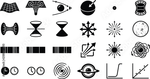 Tableau sur toile Astrophysics and Quantum Physics Icon Set with Black Hole Spacetime Curvature Wo