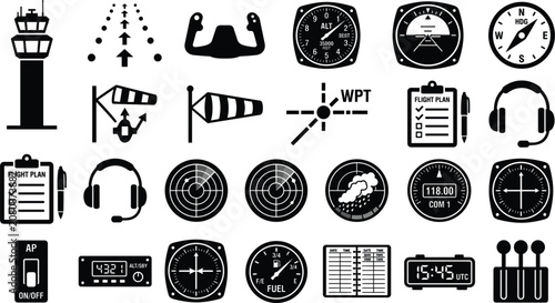 Tableau sur toile Aviation and Flight Instruments Icon Set with Air Traffic Control Tower, Runway