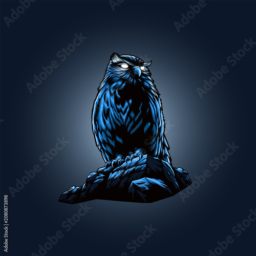 Vector illustration of an owl perched on a rock with a dark, creepy background.