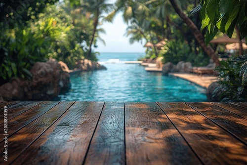 Wooden deck overlooking a tranquil swimming pool surrounded by lush tropical vegetation and palm trees near a beach in a serene coastal setting