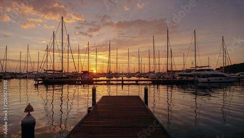 Sunset View Over Marina With Boats and Dock at Evening Time