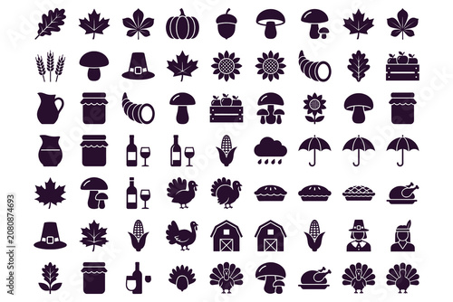 Thanksgiving harvest festival icons set featuring autumn leaves, pumpkins, mushrooms, corn, and turkeys in purple