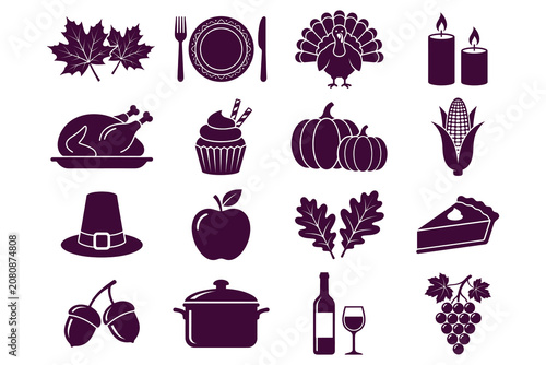 Thanksgiving holiday icons set featuring turkey, pumpkin, corn, , pie, wine, and autumn leaves in purple color