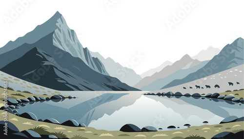 Photography Alpine Meadow Framed by Dark Slopes with Distant Mountain Peak View