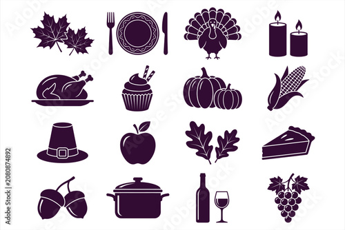 Thanksgiving holiday icons set featuring turkey, pumpkin, pie, wine, and autumn leaves on white background