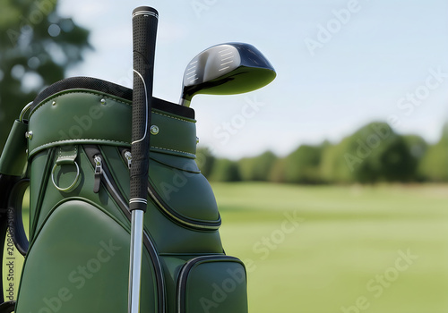 Green golf bag with two golf clubs on a course in bright daylight.