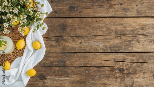 Lemons and Flowers on a Wooden Table With a Glass of Lemon Drink and Bright C...