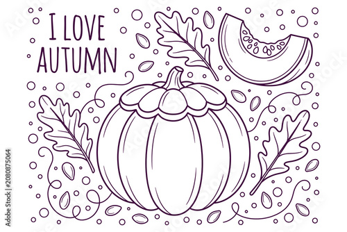 Autumn celebration with pumpkin, melon, and leaves in a playful doodle illustration style with a vibrant color palette