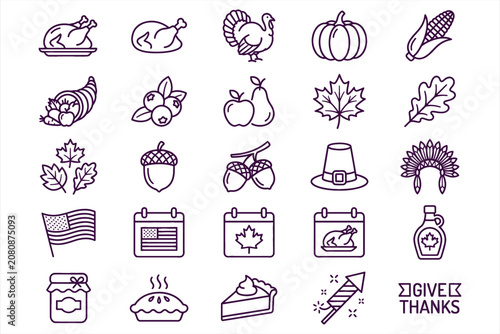 Thanksgiving holiday icons set featuring turkey, pumpkin, corn, autumn leaves, berries, acorns, pies, and flags on white background