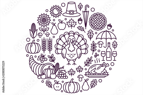 Thanksgiving holiday celebration with turkey, pumpkin, corn, and autumn leaves in a circular illustration design