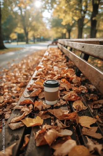 Autumn Leaves Cover a Park Bench With a Coffee Cup Resting Amid the Scenery