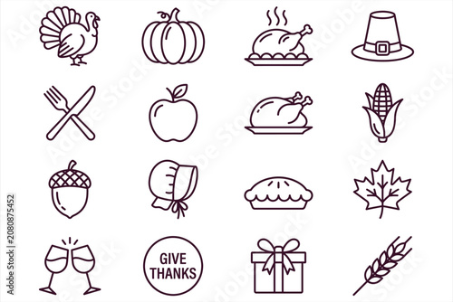 Thanksgiving holiday icons set with turkey, pumpkin, corn, pie, and autumn leaves in clean black and white line art style