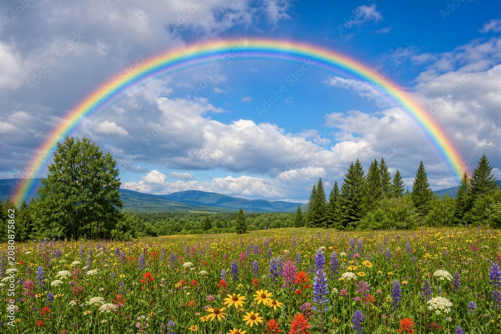 Naklejka premium Vibrant rainbow arcs over wildflower meadow. Sky bright blue, clouds soft and scattered. Trees frame the horizon, distant mountains rise. Colorful blooms carpet the earth, tall and cheerful
