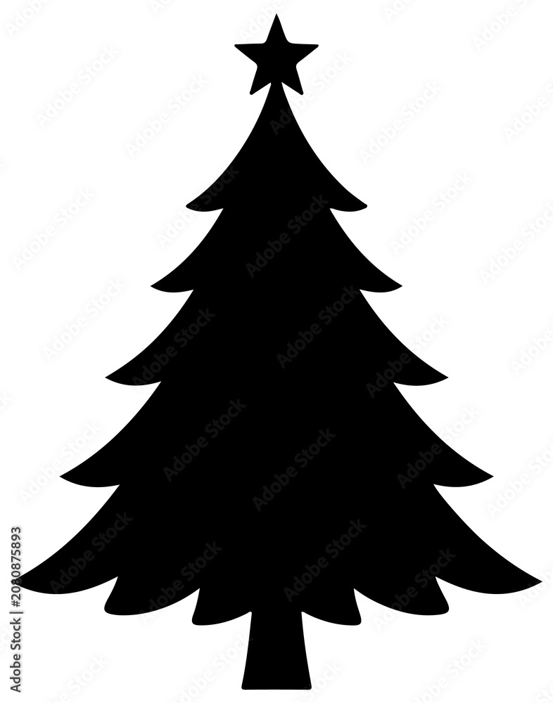 Obraz premium Stylized black christmas tree silhouette with star topper isolated on white background.