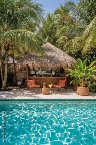 Poolside Bar Located in Tropical Setting With Palm Trees and Lounge Chairs Du...