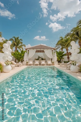 Pool Setting With Decorations and Chairs Under a Clear Blue Sky in a Tropical...
