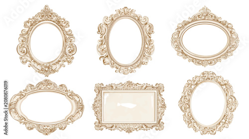 Picture frames with intricate gold detailing arranged in a cluster offer a sophisticated aesthetic for framing memories or professional studio prints.
