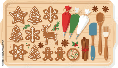 Baking sheet with gingerbread cookies and Christmas kitchen tools.