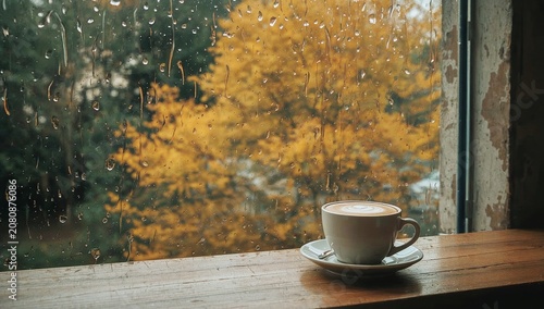 Warm Coffee Cup Placed on a Wooden Surface Near a Window With Raindrops and A...