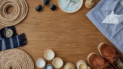 Items Arranged on a Wooden Surface for a Casual Outfit Selection With Accesso...