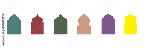 Old islamic window shapes vector set in oriental style. green silhouette eid mubarak decorative arches, mosque borders or moroccan gates. Perfect for Eid, Ramadan, Diwali, and festive invitations.