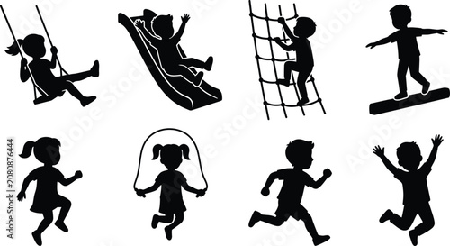 Kids Playground Silhouette Collection with Swing Slide Climbing Running and Jumping Activities