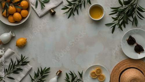 Fresh Lemons and Olive Oil on a Table With Leaves and Sunglasses in Bright Da...