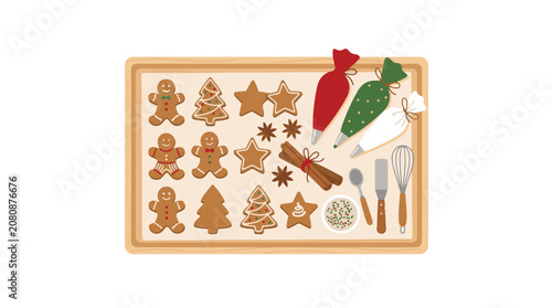 Baking tray with gingerbread cookies and festive decorating supplies.