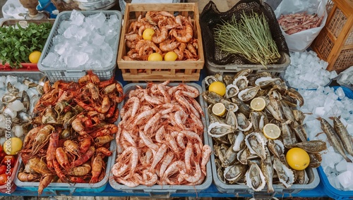 Fresh Seafood Displayed on Tables at a Local Market During the Morning Hours ...