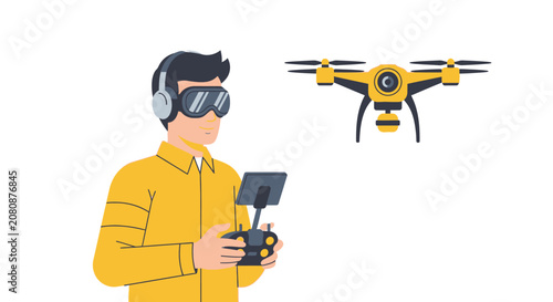 Man Flying Drone with FPV Goggles and Remote Controller Vector Illustration. Professional UAV Pilot Operating Quadcopter for Aerial Photography and Videography.