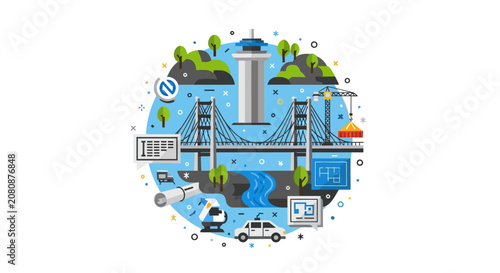 Urban Infrastructure and Civil Engineering Flat Vector Illustration - City Planning, Bridge Construction, and Smart Technology Concept