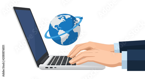 Global Business Connectivity Concept: Businessman Hands Typing on Laptop with Earth Globe and Orbiting Arrow Illustration