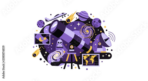 Astronomy and Universe Exploration Vector Illustration with Telescope, Planets, Stars, and Satellite Dish