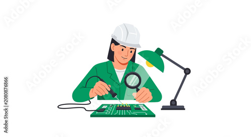 Female Electronic Technician Repairing Circuit Board Vector Illustration