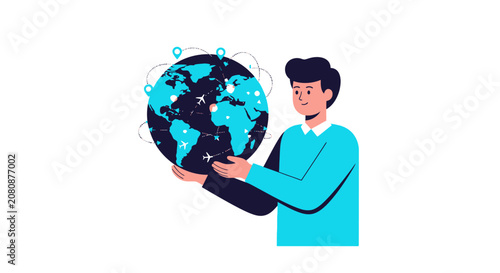 Man Holding Globe with International Flight Routes and Travel Pins, Global Business Connectivity and Logistics Concept, Flat Vector Illustration Isolated on White