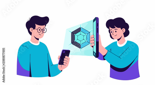 Augmented Reality Technology Concept: People Interacting with 3D Hologram on Smartphones, Flat Vector Illustration for Digital Innovation and Future Tech Trends