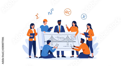 Professional Team of Engineers and Architects Collaborating on Bridge Infrastructure Blueprint, STEM Education and Structural Design Concept