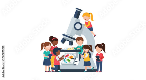 Diverse Group of School Children Exploring Science with Giant Microscope, STEM Education Vector Illustration Concept for Kids Learning Biology and Discovery