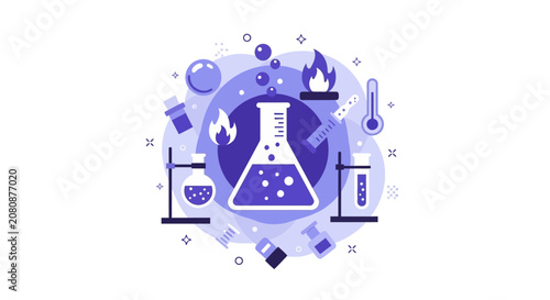 Science Chemistry Laboratory Illustration with Flasks, Beakers, and Scientific Equipment in Purple Flat Style