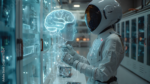 Advanced Robotics Research Lab with Human Scientist and AI Hologram Ultra Detailed Render 4K
