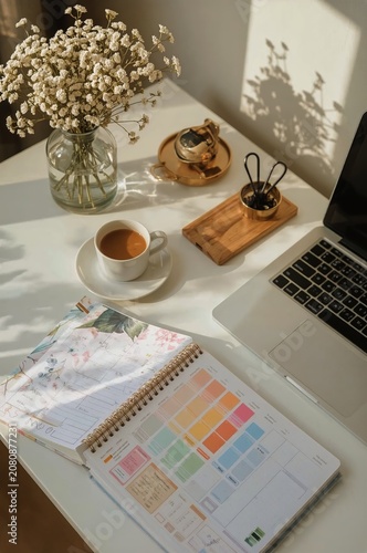 Workspace Setup With a Cup of Tea, Flowers, and a Laptop in the Afternoon