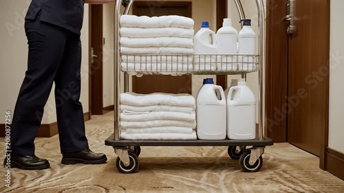 Side Profile View Of Housekeeping Cart Being Pushed Down Brightly Lit Hotel Corridor With Towels And Cleaning Supplies