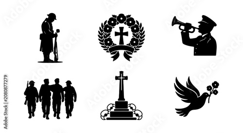 Fotografie Remembrance Icons: Soldier Silhouette, Wreath Cross, Bugler, Funeral Procession,