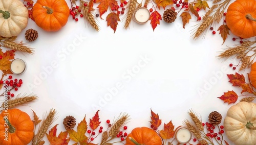 Fall Decorations With Pumpkins, Leaves, and Candles on a White Background for...
