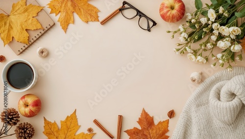 Cozy Autumn Arrangement With Apples, Leaves, and Hot Drink on a Soft Background