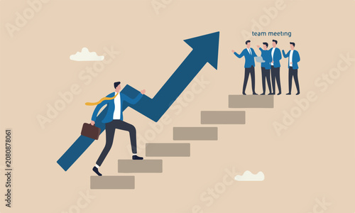 Improvement concept, confidence businessman step walking up stair success rising arrow