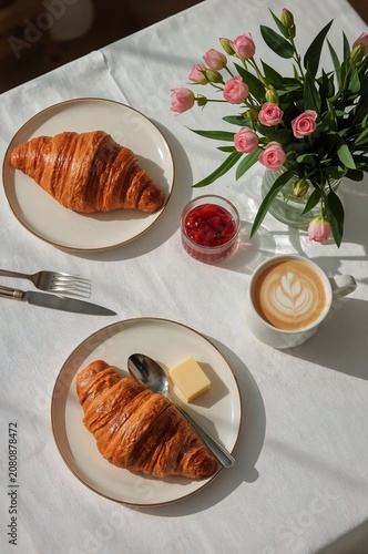 Enjoying Breakfast With Croissants, Coffee, and Flowers on a Table During a S...