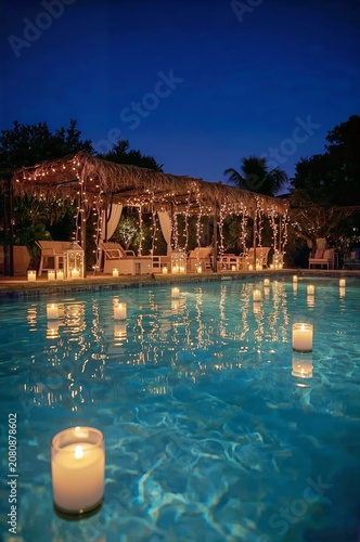Evening Gathering by the Pool With Candles and String Lights at a Tropical Lo...
